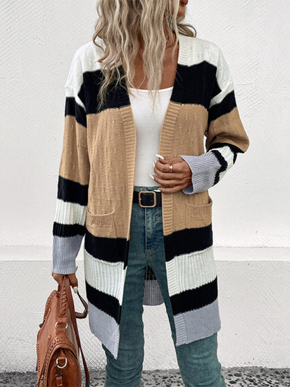 Knit Cardigans- Oversize Textured-Knit Color Block Mid Length Cardigan- - Pekosa Women Clothing