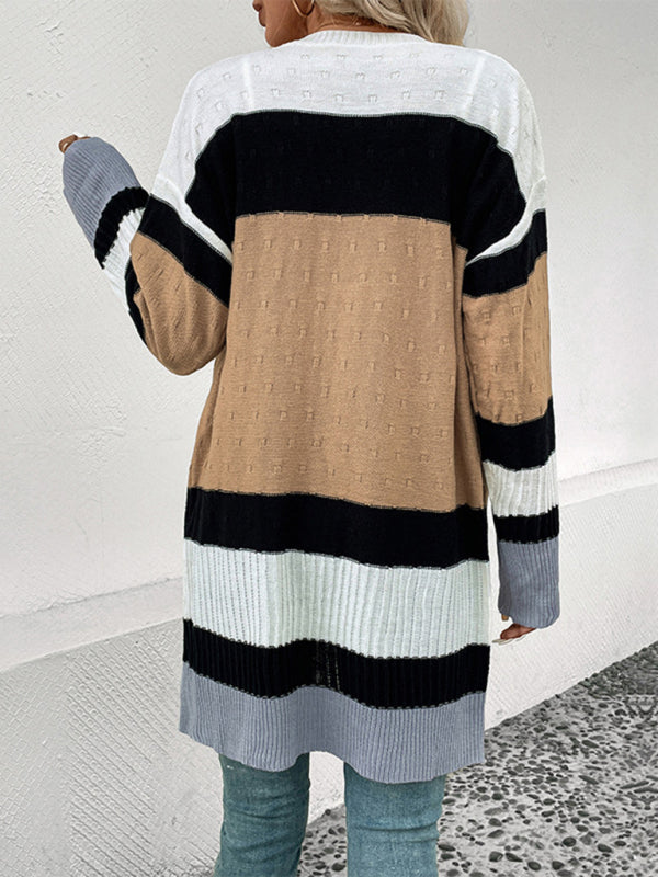 Knit Cardigans- Oversize Textured-Knit Color Block Mid Length Cardigan- - Pekosa Women Clothing