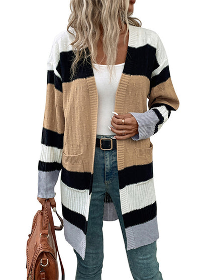 Knit Cardigans- Oversize Textured-Knit Color Block Mid Length Cardigan- - Pekosa Women Clothing