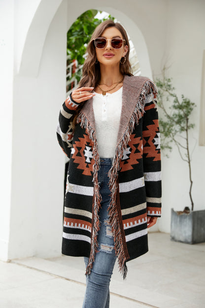 Knit Coats- Aztec Knit Western Fringe Shawl Collar Coat- Black- Pekosa Women Clothing