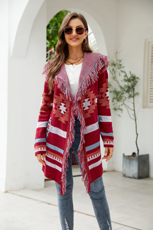 Knit Coats- Aztec Knit Western Fringe Shawl Collar Coat- Red- Pekosa Women Clothing