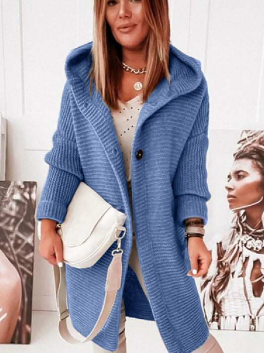 Knit Coats- Chunky Knit Hooded Cardigan Overcoat- Blue- Pekosa Women Clothing