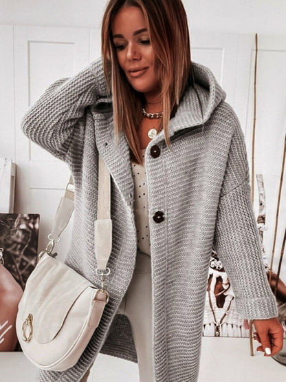 Knit Coats- Chunky Knit Hooded Cardigan Overcoat- Grey- Pekosa Women Clothing