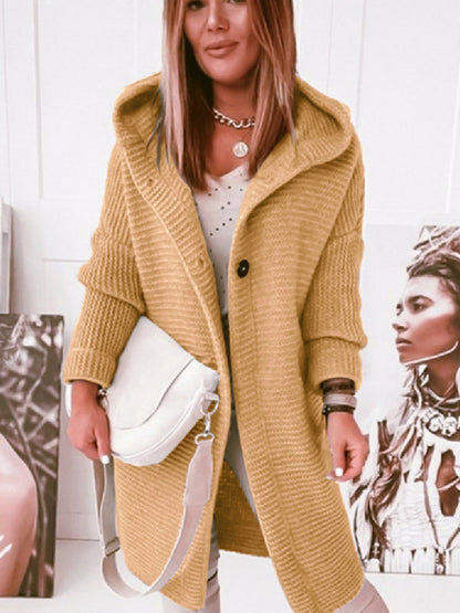 Knit Coats- Chunky Knit Hooded Cardigan Overcoat- Yellow- Pekosa Women Clothing