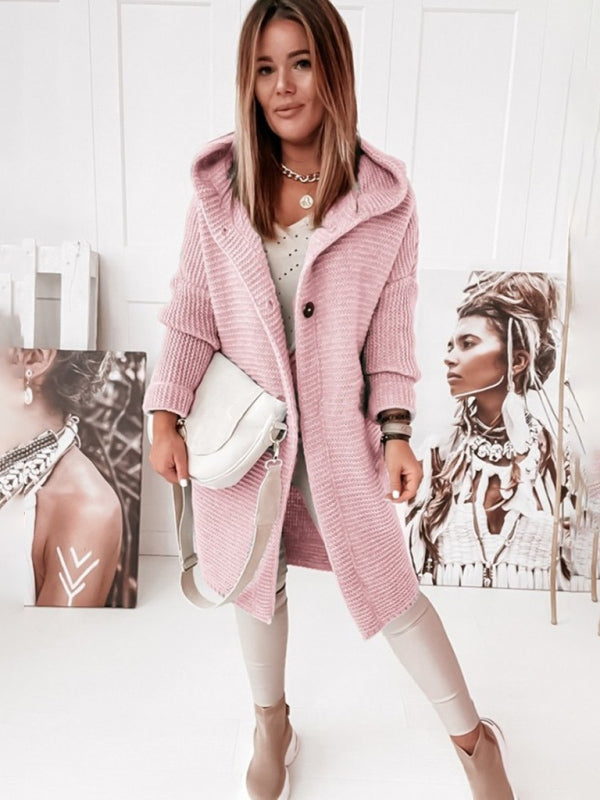 Knit Coats- Chunky Knit Hooded Cardigan Overcoat- Pink- Pekosa Women Clothing