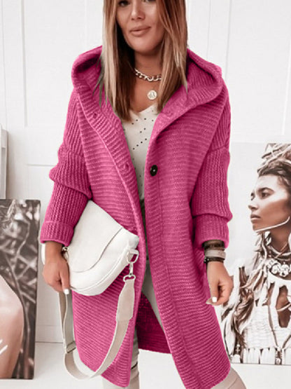 Knit Coats- Chunky Knit Hooded Cardigan Overcoat- Rose- Pekosa Women Clothing