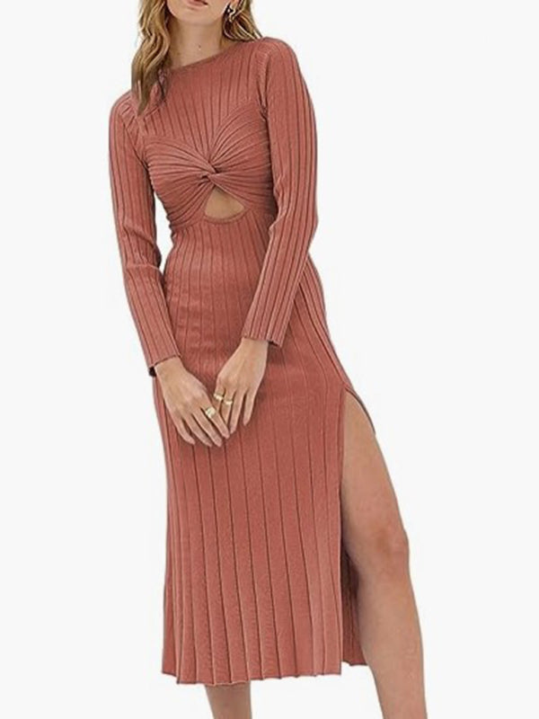 Knit Dresses- Autumn Rib-Knit Long Sleeve Slit Midi Dress- Dark red- Pekosa Women Clothing