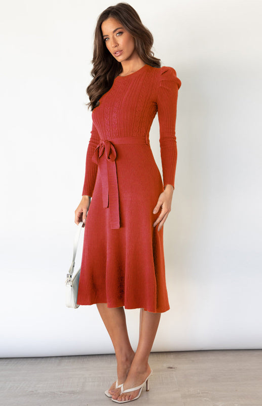 Knit Dresses- Dress-Up Long Puff Sleeve Sweater Dress: A-Line, Cable Knit Design- - Pekosa Women Clothing