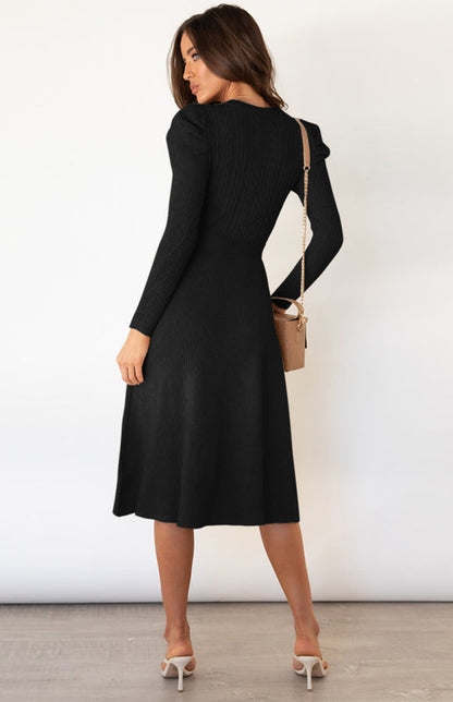 Knit Dresses- Dress-Up Long Puff Sleeve Sweater Dress: A-Line, Cable Knit Design- - Pekosa Women Clothing