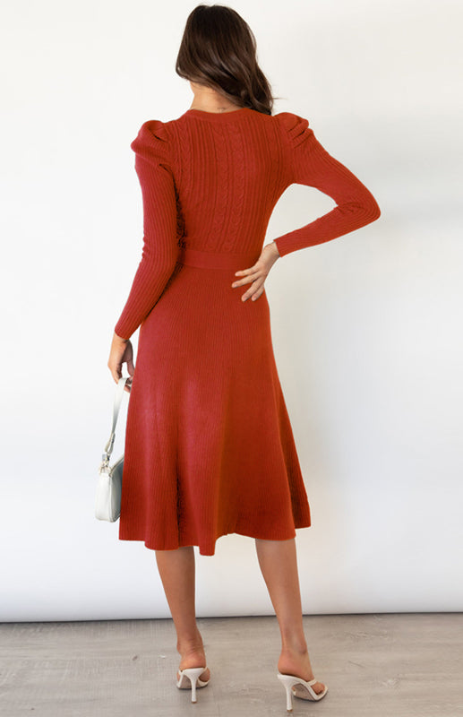 Knit Dresses- Dress-Up Long Puff Sleeve Sweater Dress: A-Line, Cable Knit Design- - Pekosa Women Clothing