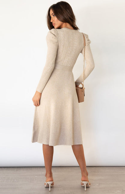 Knit Dresses- Dress-Up Long Puff Sleeve Sweater Dress: A-Line, Cable Knit Design- - Pekosa Women Clothing