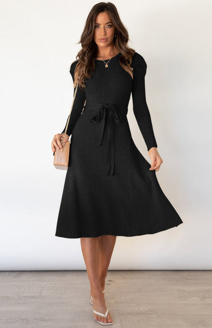 Knit Dresses- Dress-Up Long Puff Sleeve Sweater Dress: A-Line, Cable Knit Design- Black- Pekosa Women Clothing