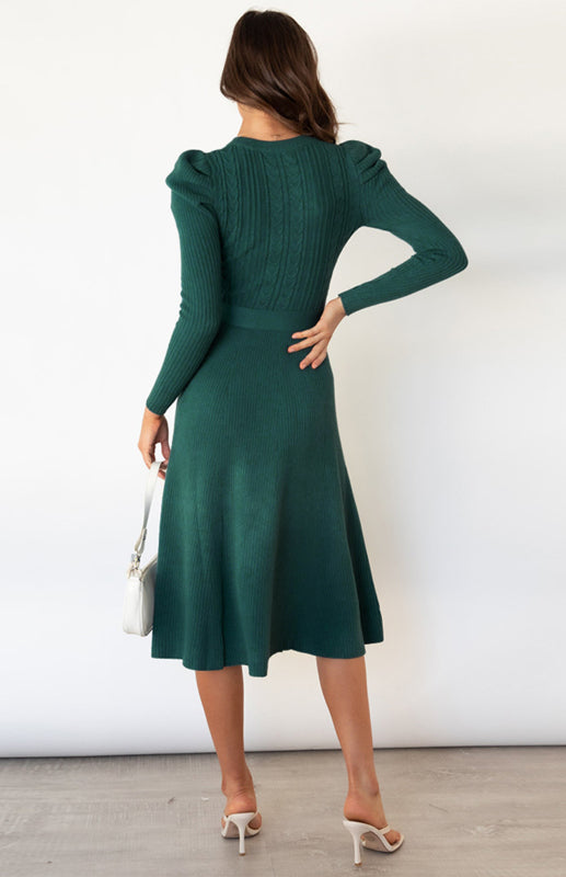 Knit Dresses- Dress-Up Long Puff Sleeve Sweater Dress: A-Line, Cable Knit Design- - Pekosa Women Clothing