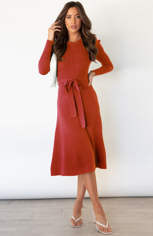 Knit Dresses- Dress-Up Long Puff Sleeve Sweater Dress: A-Line, Cable Knit Design- Orange Red- Pekosa Women Clothing