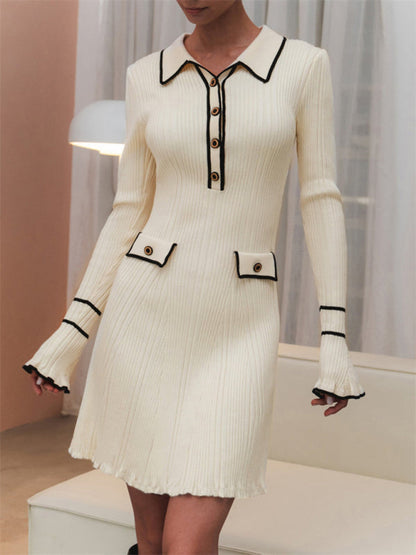 Knit Dresses- Knit Sheath Flapper Mini Dress with Long Sleeves & Contrast Trim Collar- White- Pekosa Women Fashion