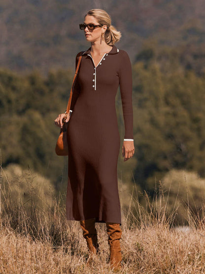 Knit Dresses- Long Sleeve Sheath Midi Dress with Knit Contrast Trim Collar- Coffee- Pekosa Women Fashion