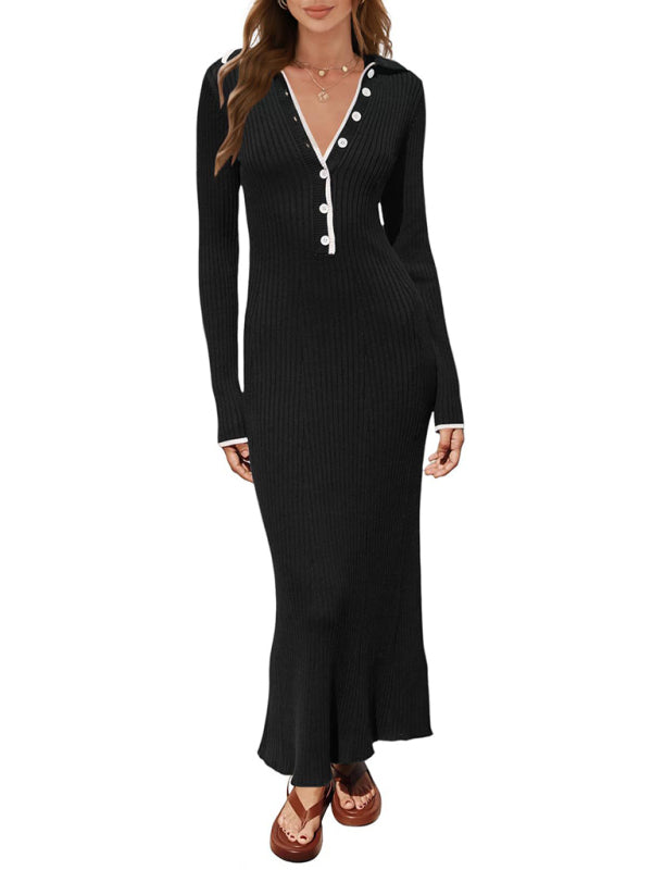 Knit Dresses- Long Sleeve Sheath Midi Dress with Knit Contrast Trim Collar- - Pekosa Women Fashion