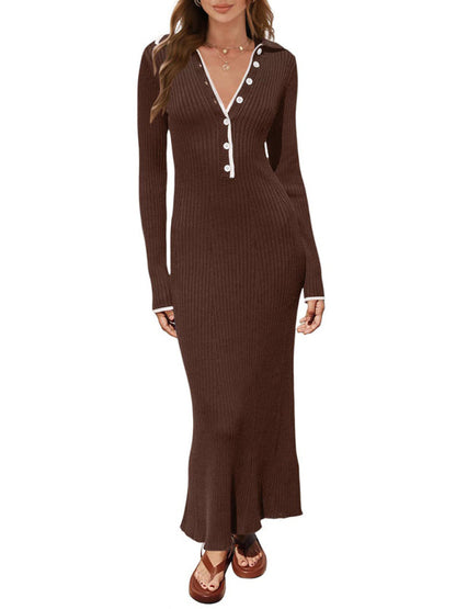 Knit Dresses- Long Sleeve Sheath Midi Dress with Knit Contrast Trim Collar- - Pekosa Women Fashion