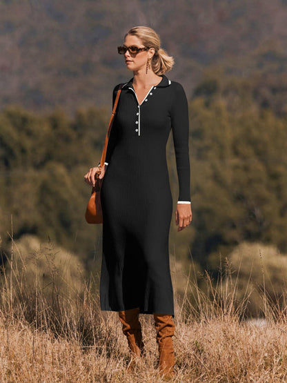 Knit Dresses- Long Sleeve Sheath Midi Dress with Knit Contrast Trim Collar- - Pekosa Women Fashion