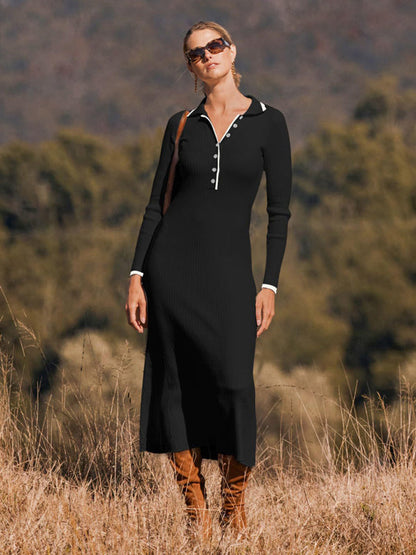 Knit Dresses- Long Sleeve Sheath Midi Dress with Knit Contrast Trim Collar- Black- Pekosa Women Fashion