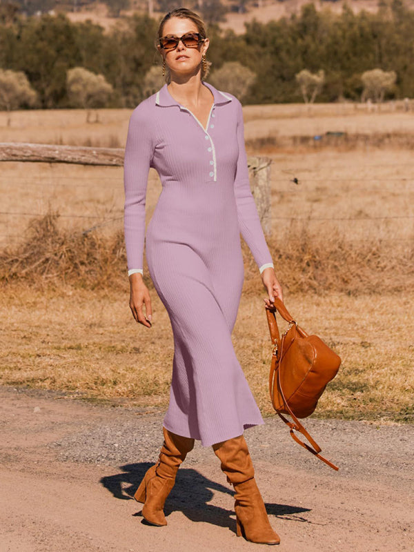 Knit Dresses- Long Sleeve Sheath Midi Dress with Knit Contrast Trim Collar- Lavender- Pekosa Women Fashion