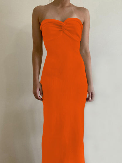 Knit Dresses- Mermaid Look with Strapless Tube Knit Maxi Dress- Orange- Pekosa Women Clothing