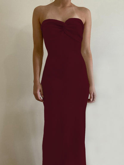 Knit Dresses- Mermaid Look with Strapless Tube Knit Maxi Dress- Wine Red- Pekosa Women Clothing