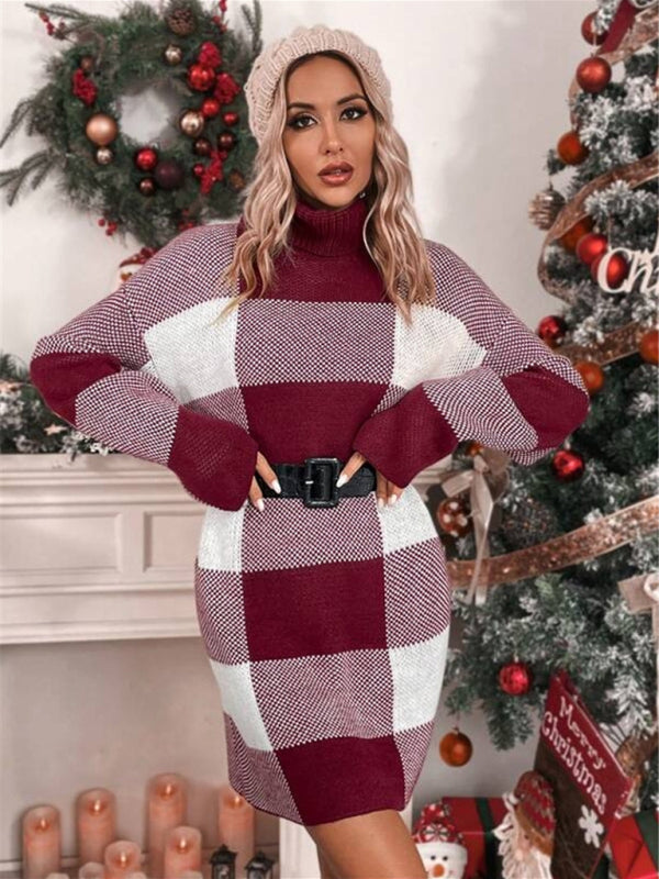 Knit Dresses- Plaid Knit Turtleneck Sweater Dress for Winter Days- - Pekosa Women Clothing