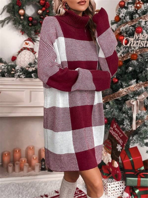 Knit Dresses- Plaid Knit Turtleneck Sweater Dress for Winter Days- - Pekosa Women Clothing