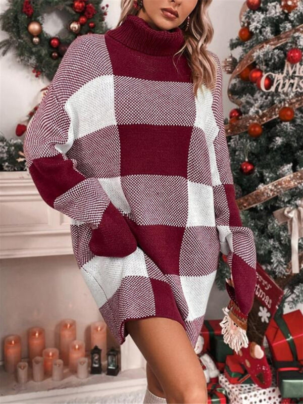 Knit Dresses- Plaid Knit Turtleneck Sweater Dress for Winter Days- - Pekosa Women Clothing