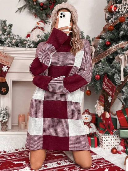 Knit Dresses- Plaid Knit Turtleneck Sweater Dress for Winter Days- - Pekosa Women Clothing