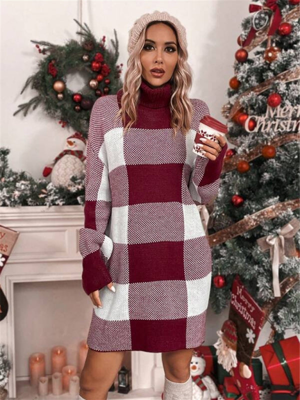 Knit Dresses- Plaid Knit Turtleneck Sweater Dress for Winter Days- Red- Pekosa Women Clothing