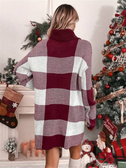 Knit Dresses- Plaid Knit Turtleneck Sweater Dress for Winter Days- - Pekosa Women Clothing