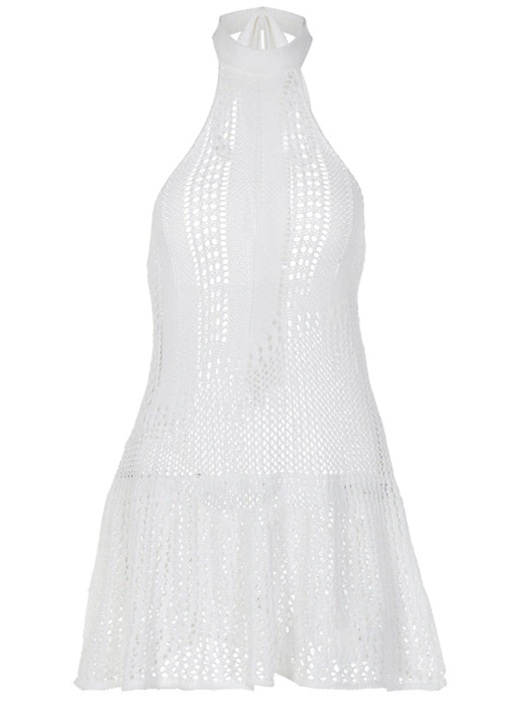 Knit Dresses- Summer Hollow Knit Halter Mini Dress with Ruffle Hem- - Pekosa Women Fashion