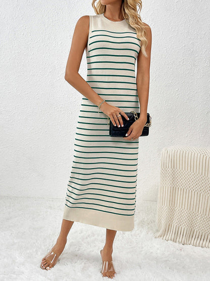 Knit Dresses- Summer Sleeveless Striped Knitted Midi Dress- - Pekosa Women Fashion