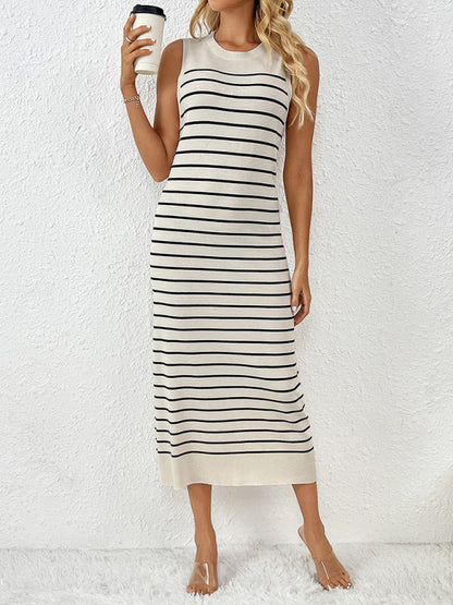 Knit Dresses- Summer Sleeveless Striped Knitted Midi Dress- - Pekosa Women Fashion