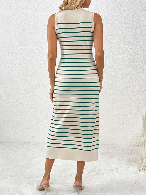 Knit Dresses- Summer Sleeveless Striped Knitted Midi Dress- - Pekosa Women Fashion