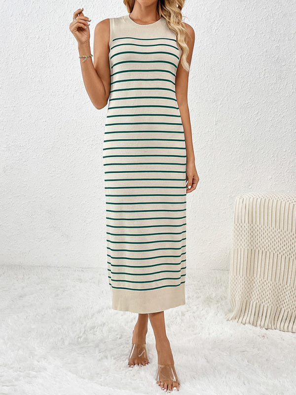 Knit Dresses- Summer Sleeveless Striped Knitted Midi Dress- - Pekosa Women Fashion