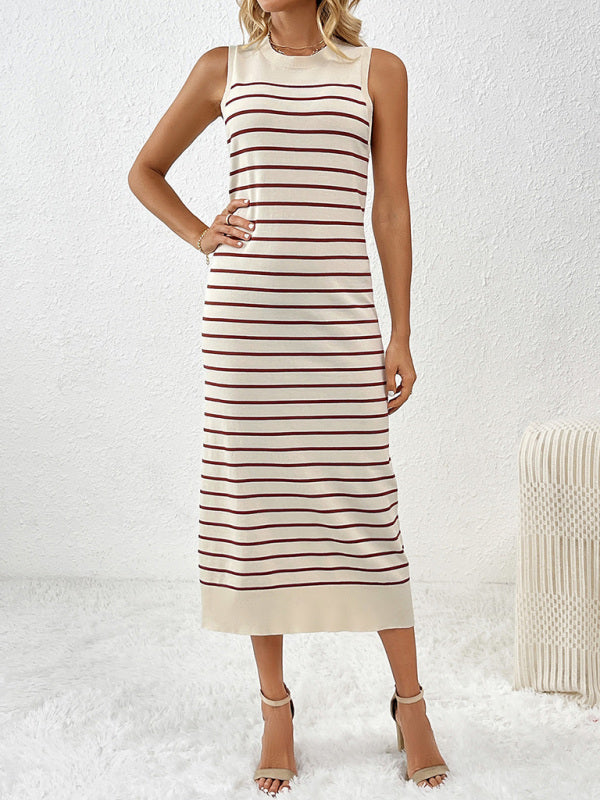 Knit Dresses- Summer Sleeveless Striped Knitted Midi Dress- - Pekosa Women Fashion