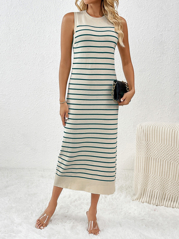 Knit Dresses- Summer Sleeveless Striped Knitted Midi Dress- - Pekosa Women Fashion