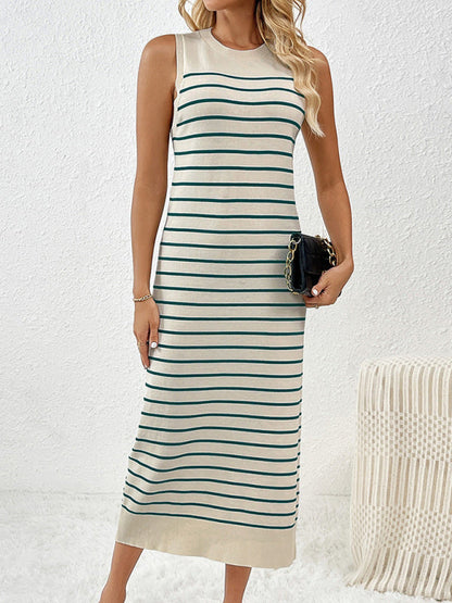 Knit Dresses- Summer Sleeveless Striped Knitted Midi Dress- - Pekosa Women Fashion