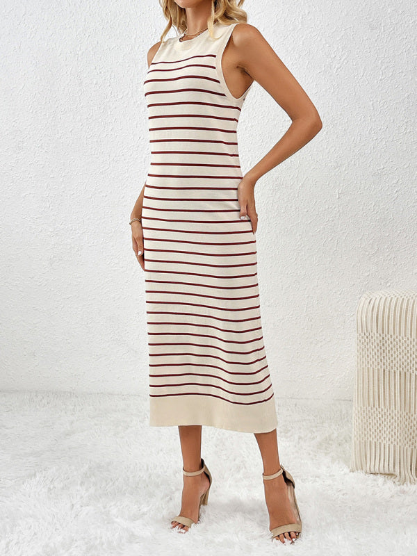 Knit Dresses- Summer Sleeveless Striped Knitted Midi Dress- - Pekosa Women Fashion