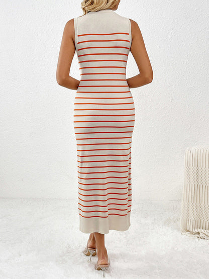 Knit Dresses- Summer Sleeveless Striped Knitted Midi Dress- - Pekosa Women Fashion