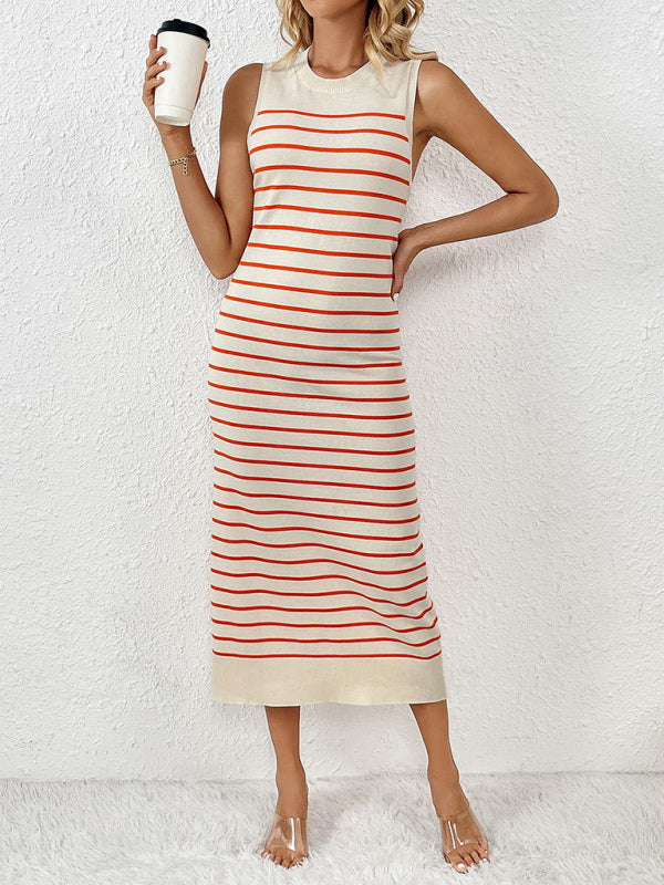 Knit Dresses- Summer Sleeveless Striped Knitted Midi Dress- Orange- Pekosa Women Fashion