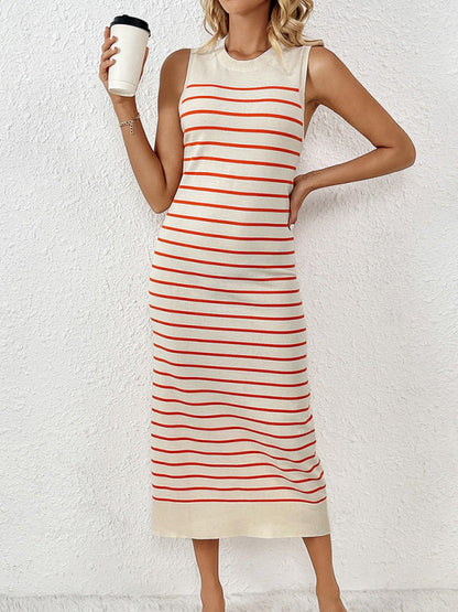 Knit Dresses- Summer Sleeveless Striped Knitted Midi Dress- - Pekosa Women Fashion