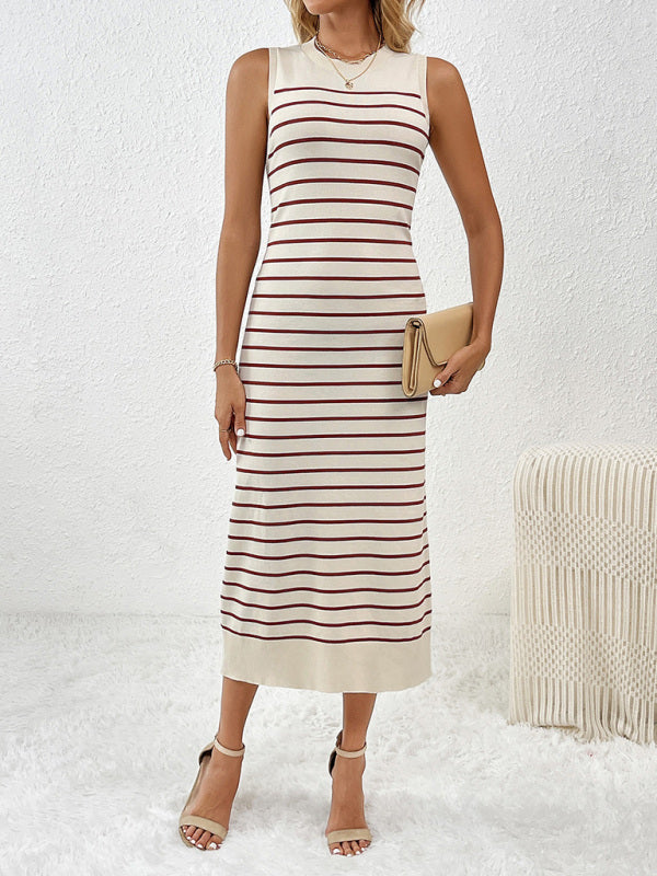 Knit Dresses- Summer Sleeveless Striped Knitted Midi Dress- Wine Red- Pekosa Women Fashion