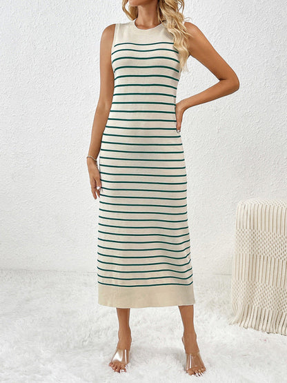 Knit Dresses- Summer Sleeveless Striped Knitted Midi Dress- Green- Pekosa Women Fashion