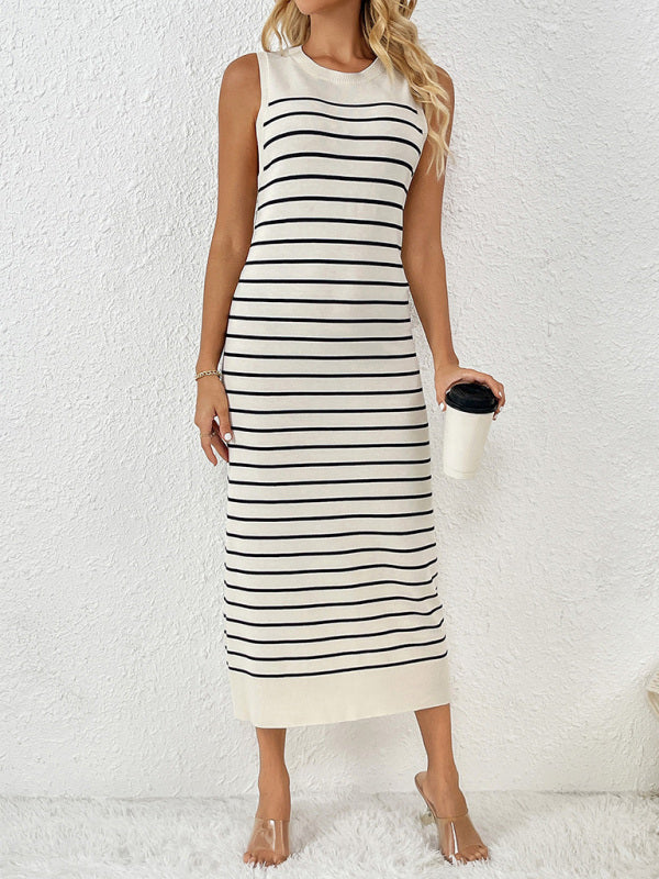 Knit Dresses- Summer Sleeveless Striped Knitted Midi Dress- - Pekosa Women Fashion