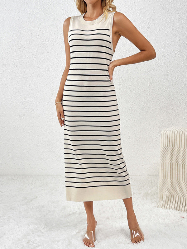 Knit Dresses- Summer Sleeveless Striped Knitted Midi Dress- Black- Pekosa Women Fashion