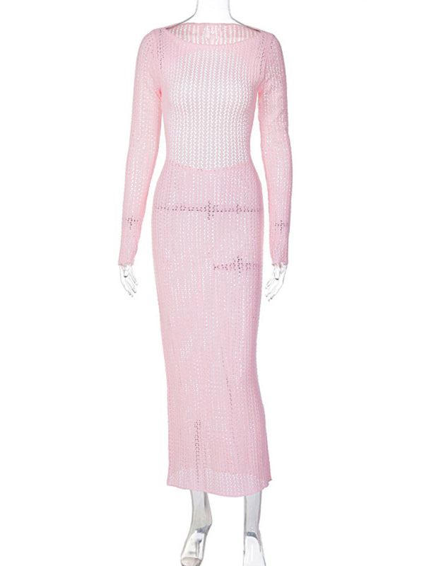 Knit Dresses- Vacation Open Knit Maxi Dress with Long Sleeve- - Pekosa Women Clothing